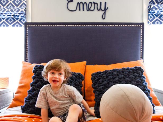 Transitional Bedroom Orange Blue Accents